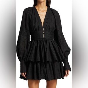 Acler Amelia long Sleeve linen-blend ruffle Mini Dress Black SIZE AU8 / US4